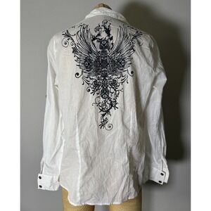 Y2K Vintage Women's Button Down White Black Cross Bling Grunge Large Cotton
